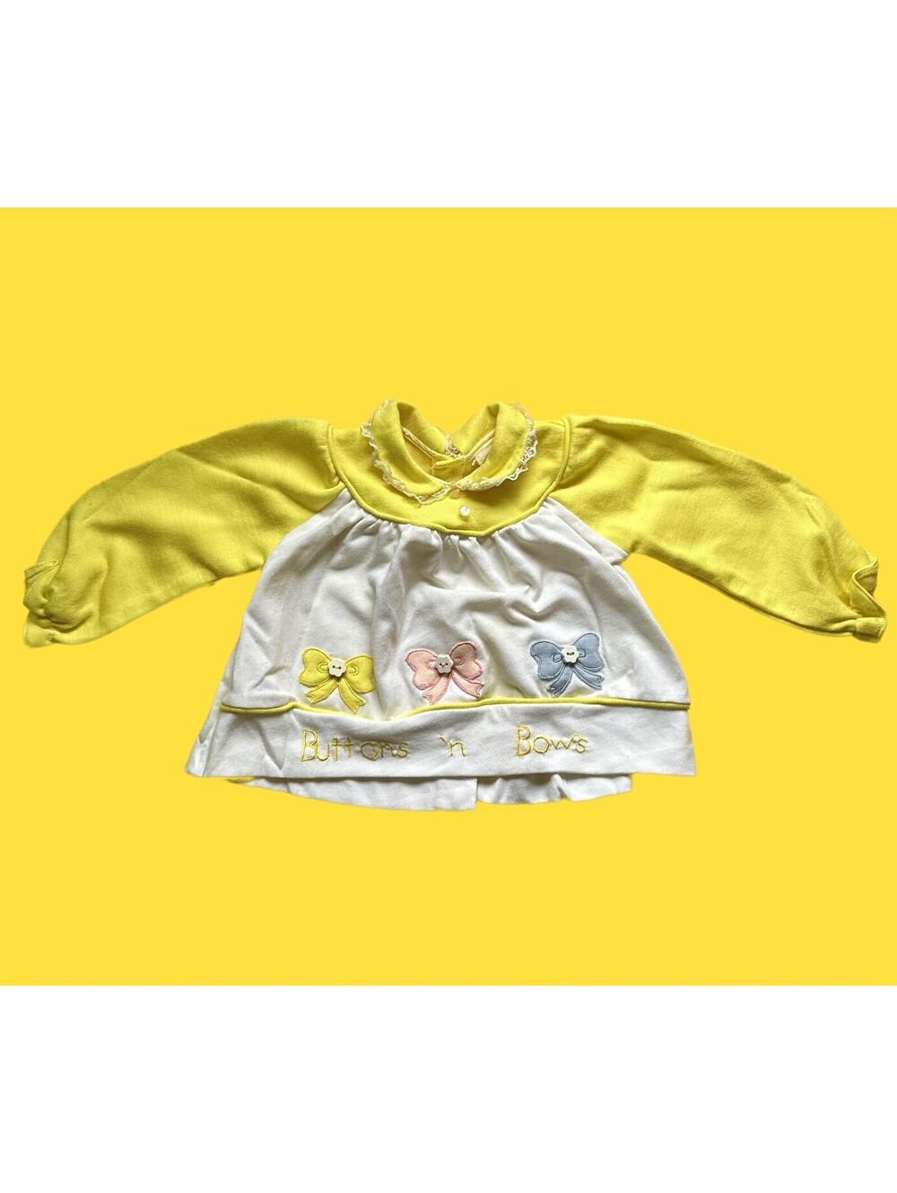 Vtg Tiny Tots Original Lace Embroidered 12 Month Button And Bows Long Sleeve